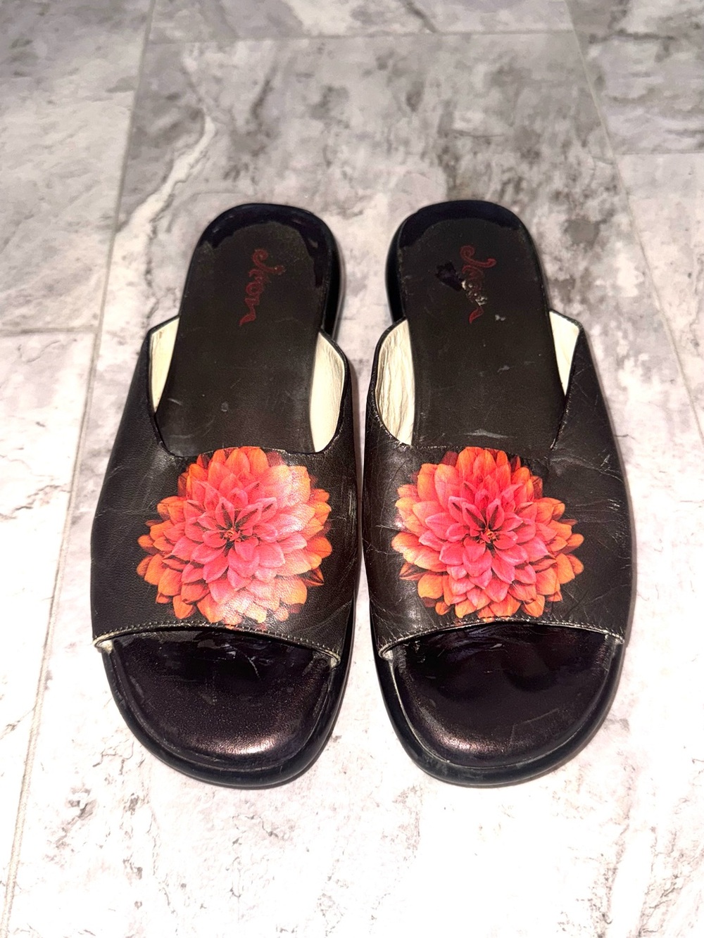 ICON Black Slide Mules with Pink-Orange Floral Print